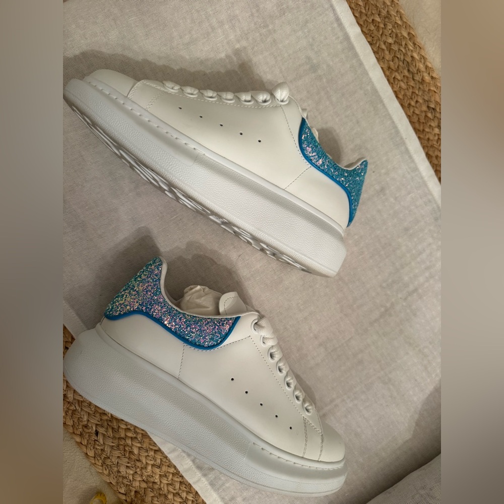 Alexander McQueen White Sneakers with Blue Glitter Accent